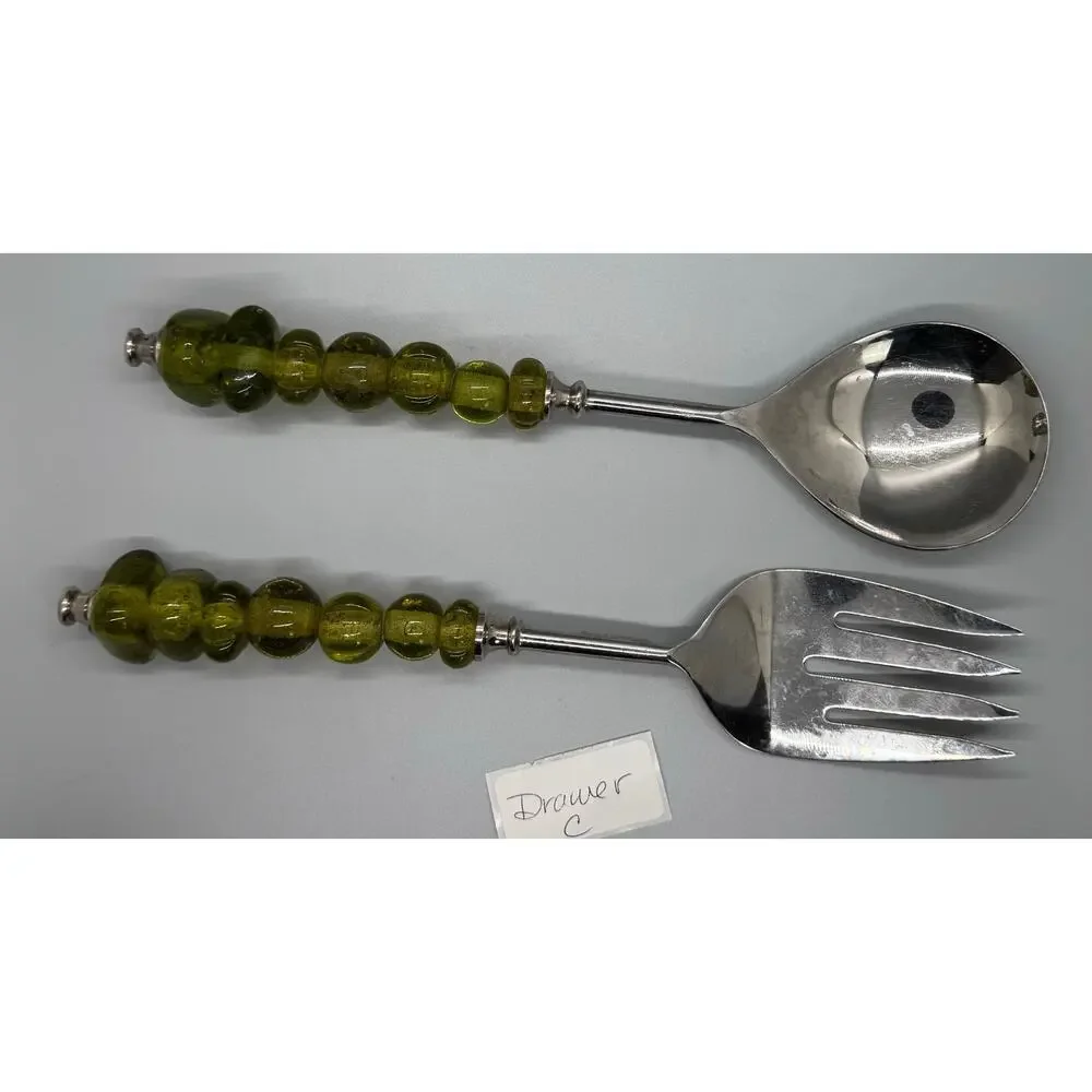 Serving Spoon And Fork Green Amber Color Glass Beaded Handle Set Of 2 Polished